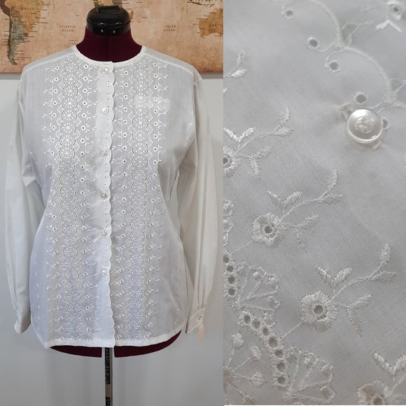 Vintage Tops - Vtg 60s embroidered eyelet blouse - David Peet brand